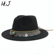 Для женщин Для мужчин шерсть фетровая шляпа с кисточкой в богемном стиле ленты элегантная дама зима-осень широкими полями Джаз церкви Крестный отец сомбреро шапки