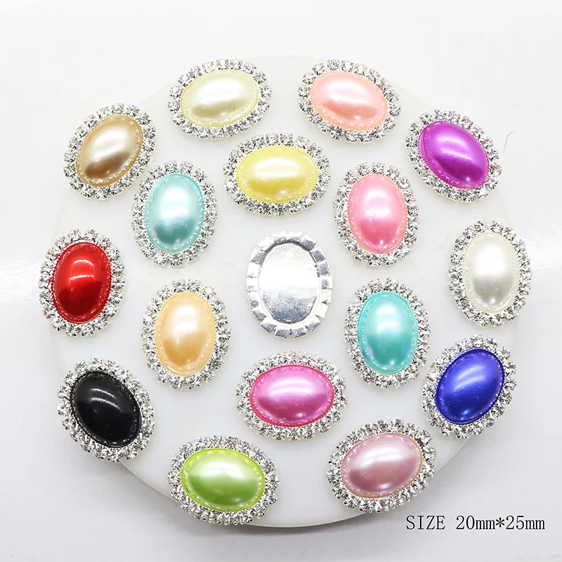 

10pcs/set 20mm*25mm Oval Colorful Diamond Rhinestone Pearl Buttons for Wedding Child Hair Bow Jewelry Accessories Decorative