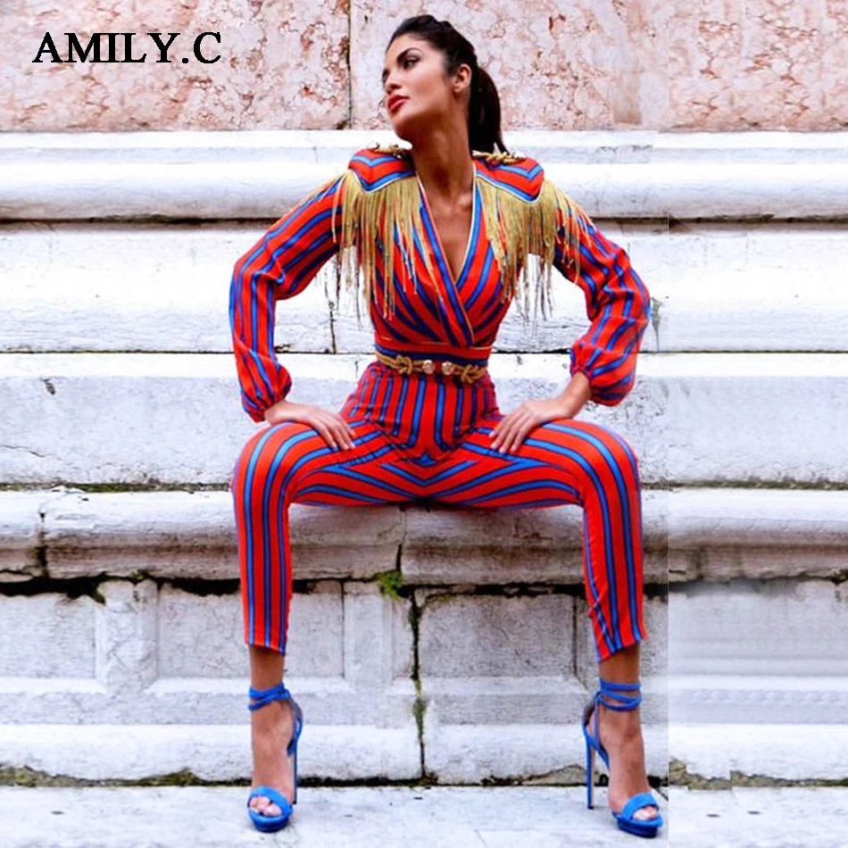 

Amily.c 2018 New Fringe Bodysuit Summer Women Celebrity Party Jumpsuit Long Sleeves Red Blue Striped Tassel Jumpsuit Vestidos