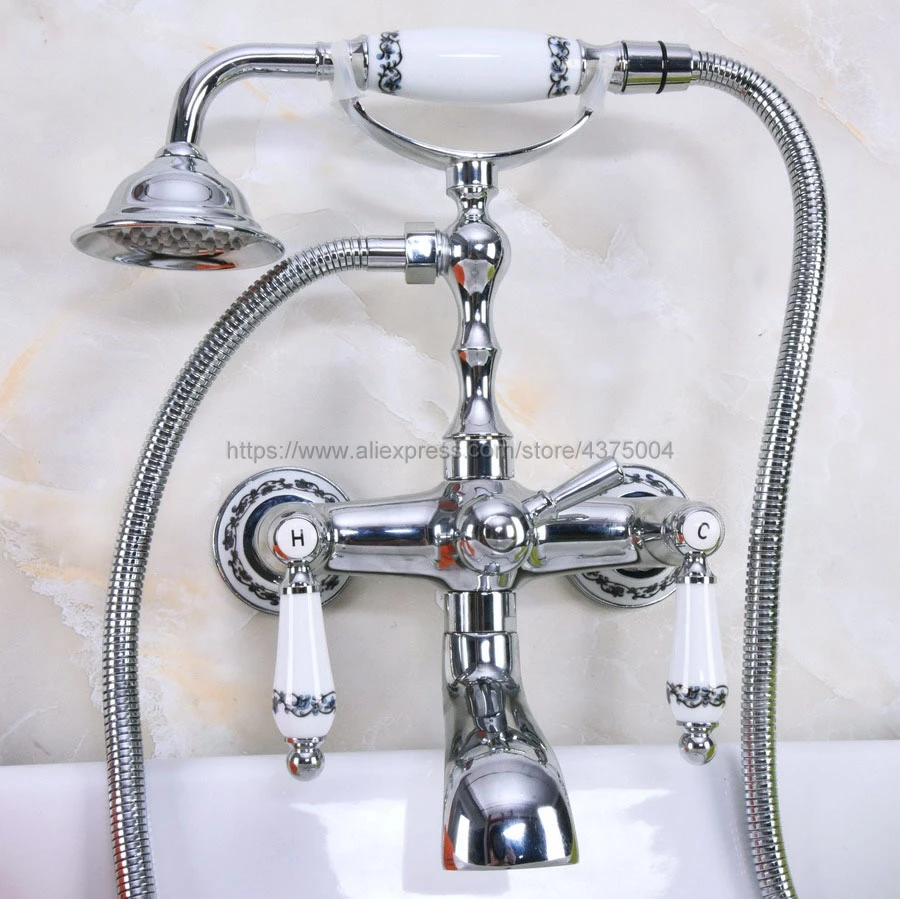Wall Mounted Bathtub Faucet Double Handle Polished Chrome Mixer