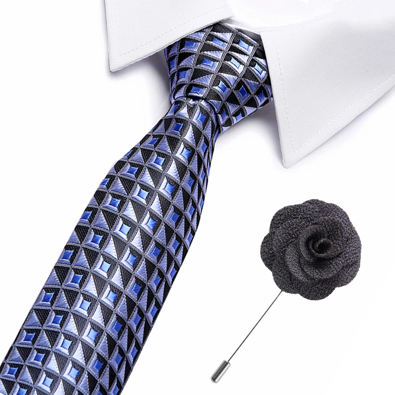 

New Brand Fashion Extra long size Plaid Dark Blue Black Men's Neckties Silk Matching Hanky Jacquard Woven Ties and free brooch