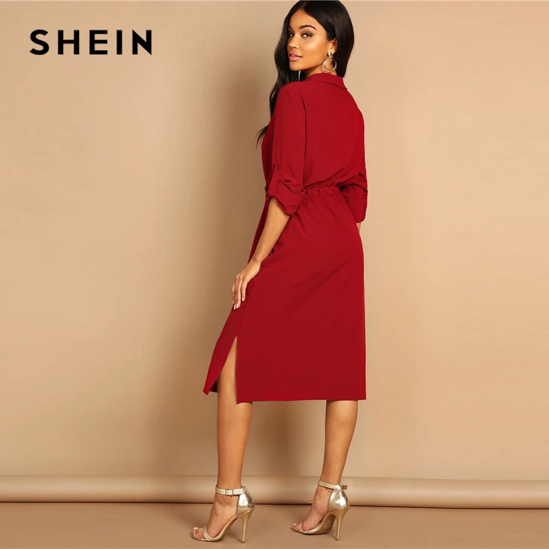 SHEIN Элегантное Платье-Рубашка На Кулиске Женское Бордовое Классическое Платье С Длинным Рукавом