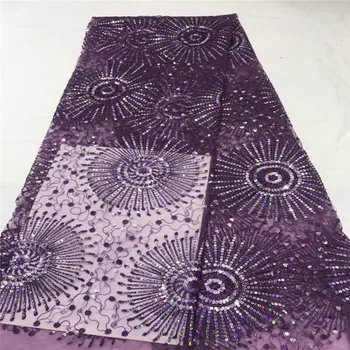 

2019 High Quality African Lace Fabric Purple French Net Embroidery Sequins Tulle Lace Fabric For Nigerian party Dress