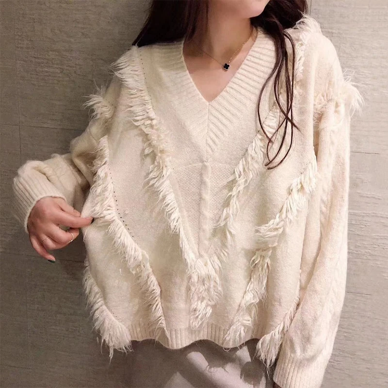 

2019 New Arrival Women Autumn Sweater V-neck Knitted With Tassel Female Jumer Korean Style Sweet Pullover