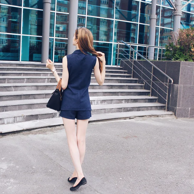 2018 Korean Version Cotton Hemp Women Shorts  Sleeveless Vest Two Sets Thin Wear Double Breast Lady Suit Femme