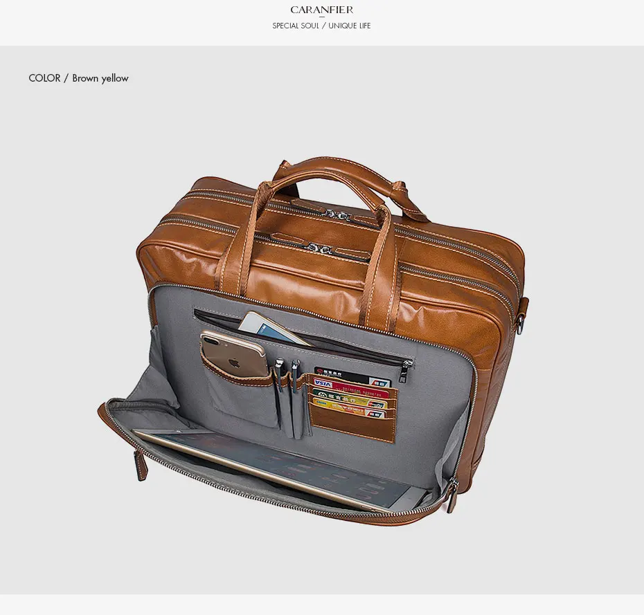 CARANFIER Мужские портфели из натуральной воловьей кожи Бизнес 15 дюймов компьютерные сумки высокое качество роскошные сумки на плечо