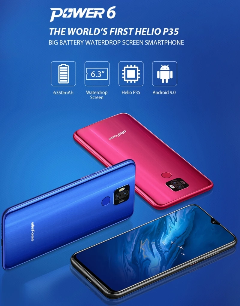 Смартфон Ulefone power 6 Android 9,0 MTK6765V, 6,3 дюймов, 4 Гб+ 64 ГБ, 6350 мАч, 4,4 в, батарея, две sim-карты, 4G, 16 МП, FHD+ мобильный телефон