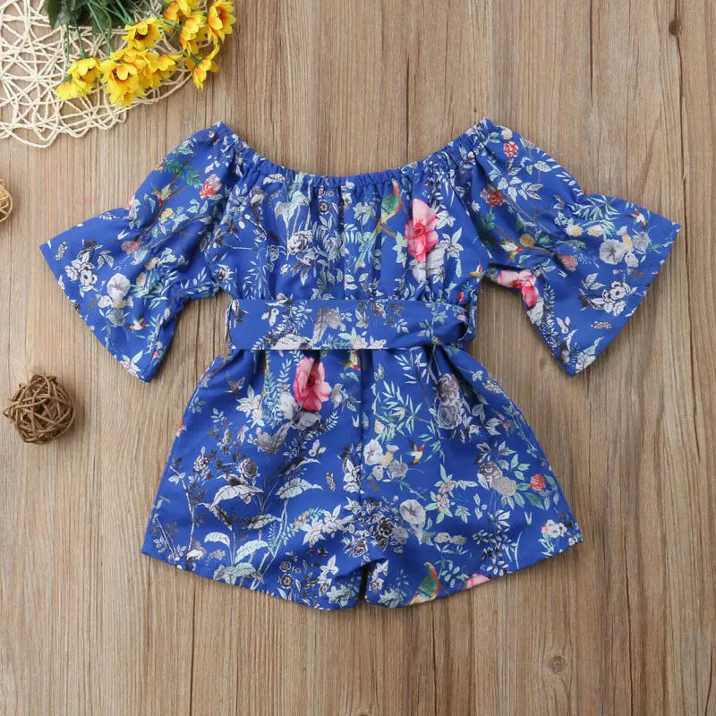 Одежда для маленьких девочек; комбинезон с цветочным принтом и открытыми плечами; комбинезон