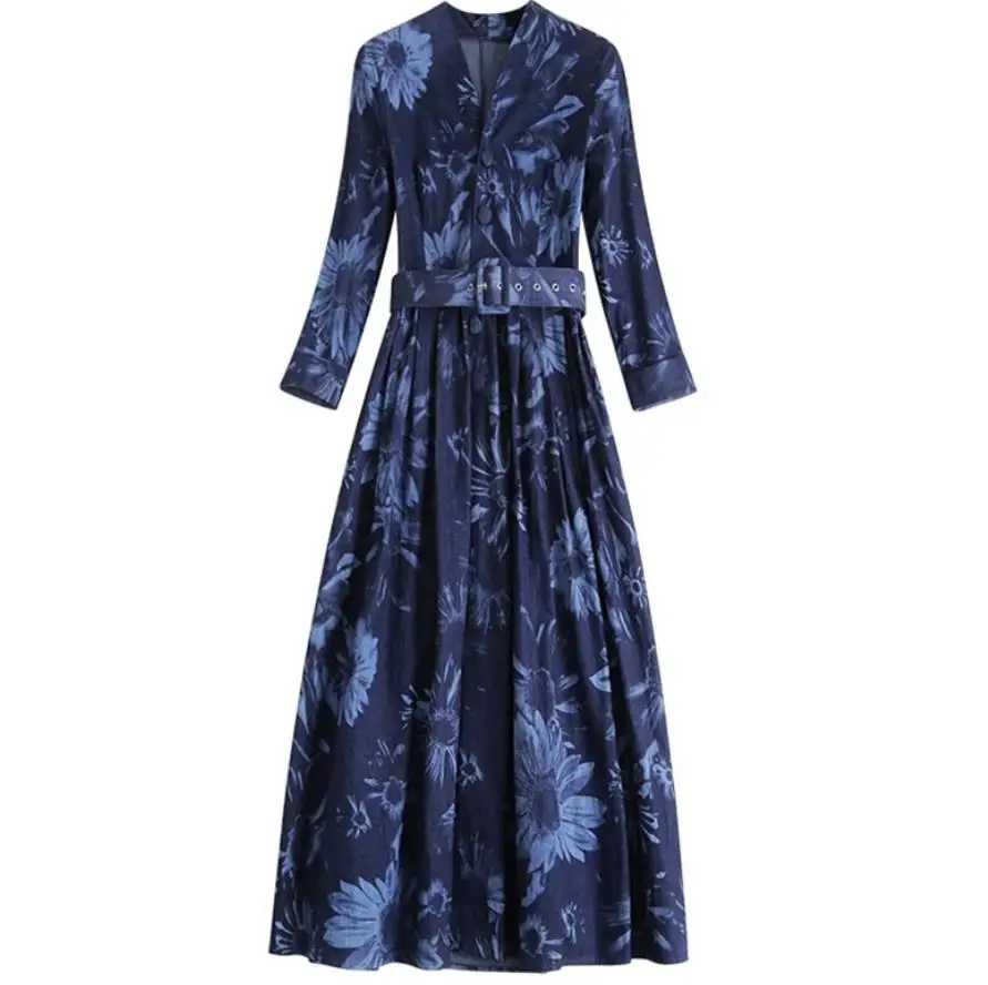 Размера плюс 3XL! весеннее платье из джинсовой ткани с принтом женское платье с v-образным вырезом, стройнящее платье с высокой талией Джинсовое платье трапециевидной формы