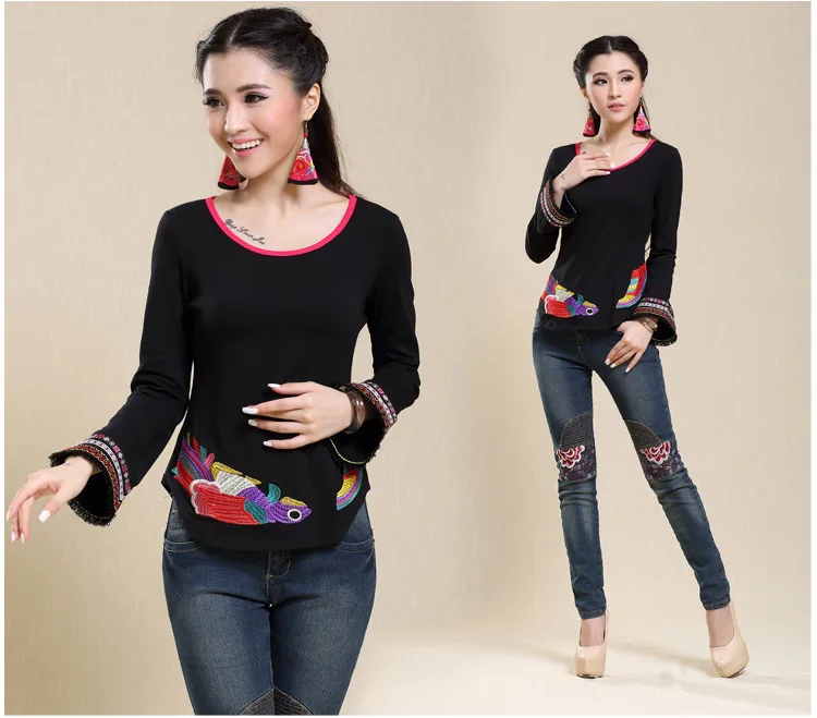 2017 Original Ethnic Shirt Designs Long Sleeve Black Rose Red