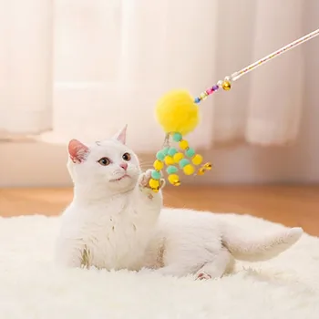 

Pet Cat Strings Teaser Stick With Furry Ball And Bells Toy Funny Interactive Exerciser Wand