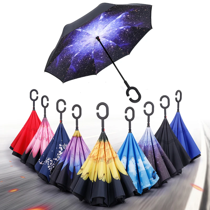

Handy C-Hook Hands Car Umbrella Windproof Reverse Folding Double Layer Inverted Umbrella For Women and Men