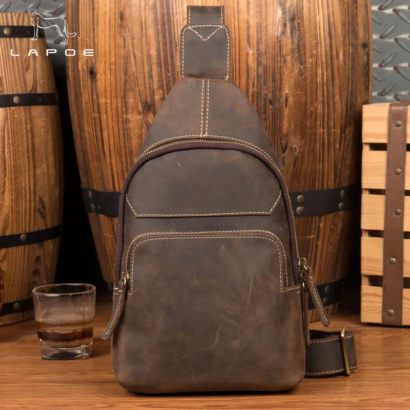LAPOE Vintage Crazy Horse Genuine Leather Crossbody Bags men Brand Small Male Shoulder Bag casual men's chest bags messenger bag
