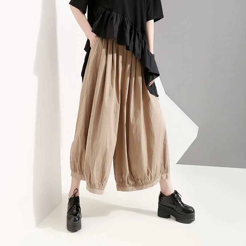 

Johnature Ankle-length Pants 2019 New Summer High Street Women Pants Leisure Solid Elastic Waist Loose Pockets Wide Leg Pants