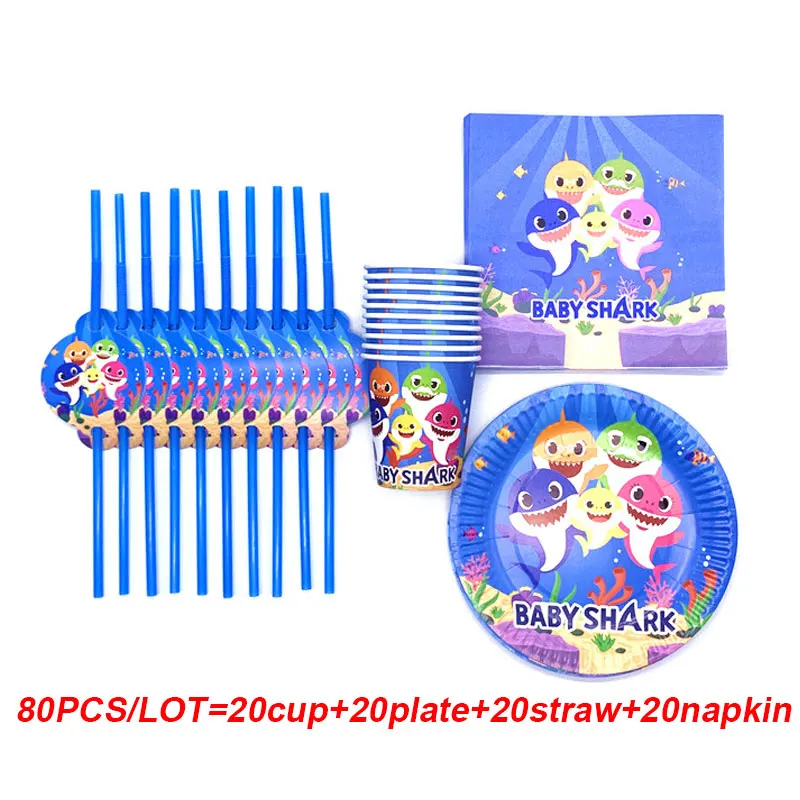 

80PCS/LOT Baby Shark theme disposable tableware set disposable plates cups pack baby shower event use Baby Shark party supplies