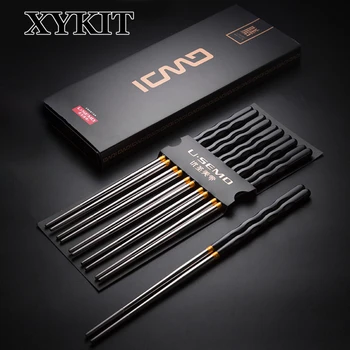 

XYKIT 10 Pairs Japanese 304 Stainless Steel Alloy Chopsticks Korean Metal Antiskid Silver Chopsticks Suit Flatware Gift Set