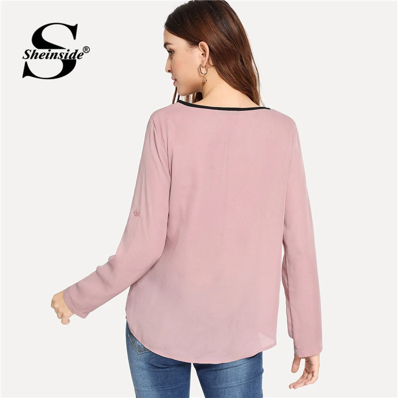 Sheinside, розовая, контрастная, обвязка, рулон, рукав, топ, элегантная, женская блузка,, OL, рабочая одежда, женские топы, длинный рукав, офисные блузки