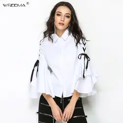 Модная расклешенная блузка с длинным рукавом, отложным воротником и рюшами, 2019 весенние однотонные женские топы, одежда, повседневные