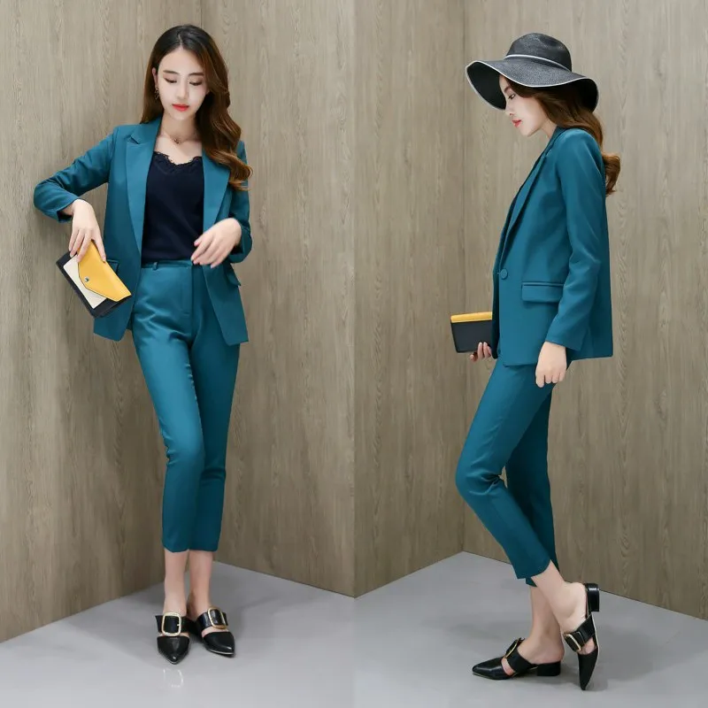 women's suit 2018 spring and autumn fashion temperament Slim long-sleeved small suit + casual nine pants two-piece suit Women's Sets