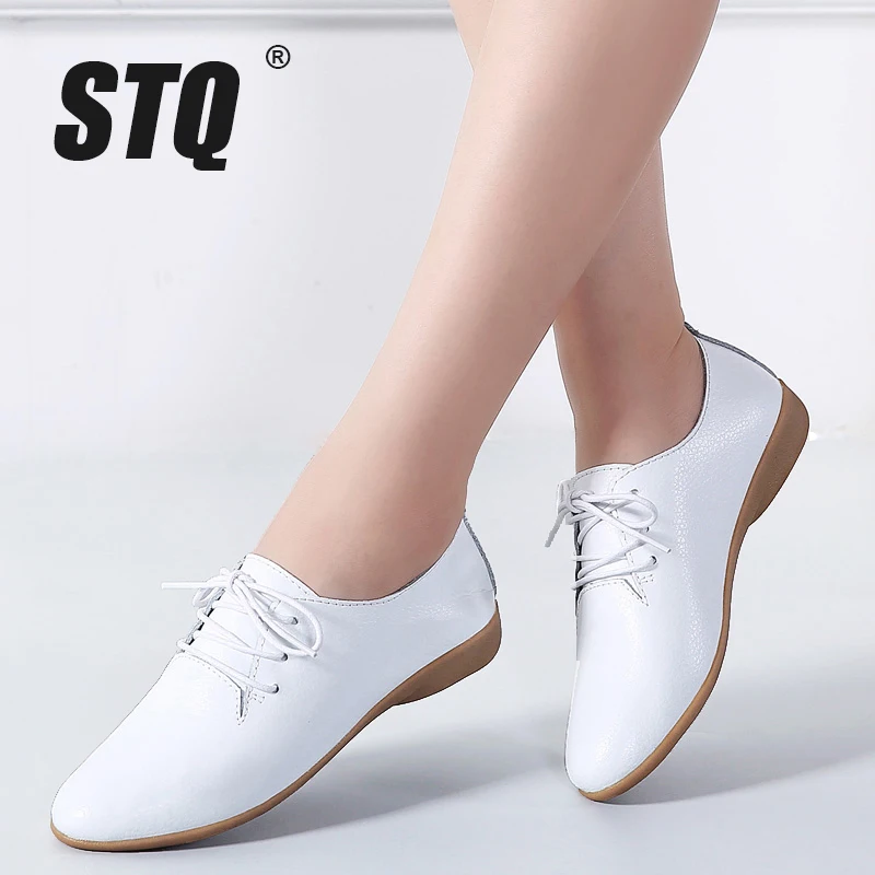 

STQ 2019 Autumn women oxford shoes ballerina flats shoes women leather shoes ladies lace up loafers moccasins white shoes 130