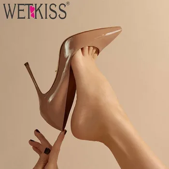 

WETKISS High Heels Women Pumps Pointed Toe Footwear Party Female Shoes Patent Pu Shallow Shoes Woman Spring 2019 Plus Size 45