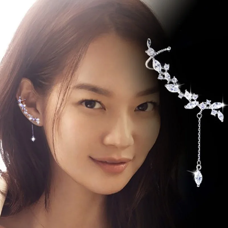 

H:HYDE High Quality Crystal Clip Stud Earrings Elegant Leaves Long Earrings Zirconia Jewelry For Women Earrings brincos DY