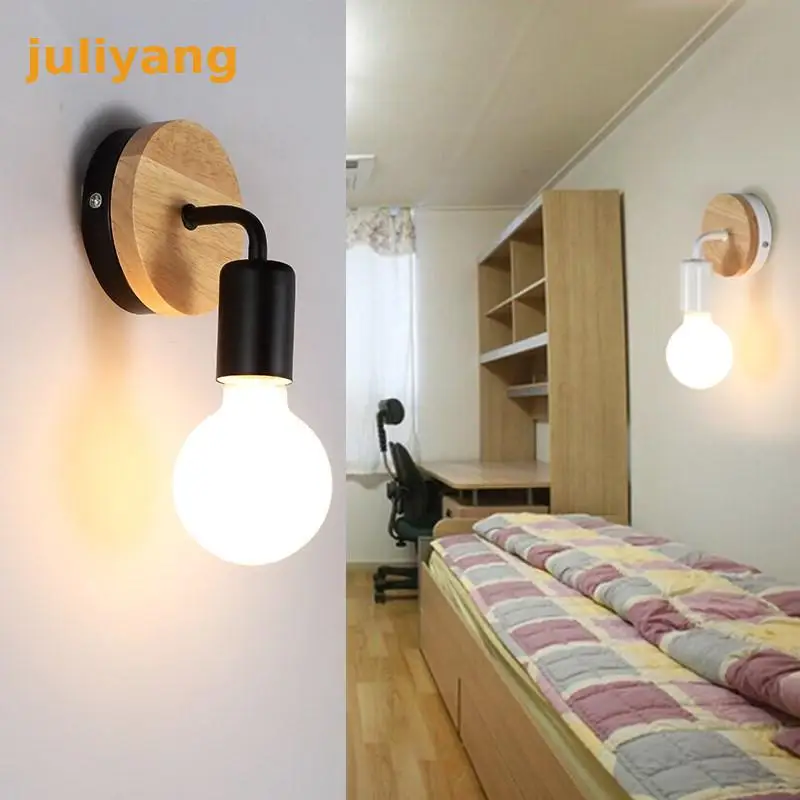 

Modern nordic wood iron art led wall light with plug Led bedside Wall Lamp sconce with switch for Bedroom Lighting Living Room