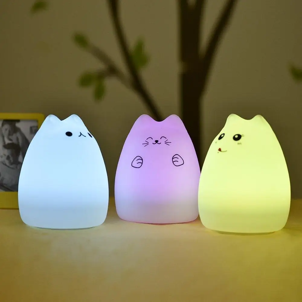 SuperNight Cute Cartoon Cat LED Night Light 7 Colors Silicone Rechargeable TapRemote Control Children Baby Bedside Table Lamp (16)