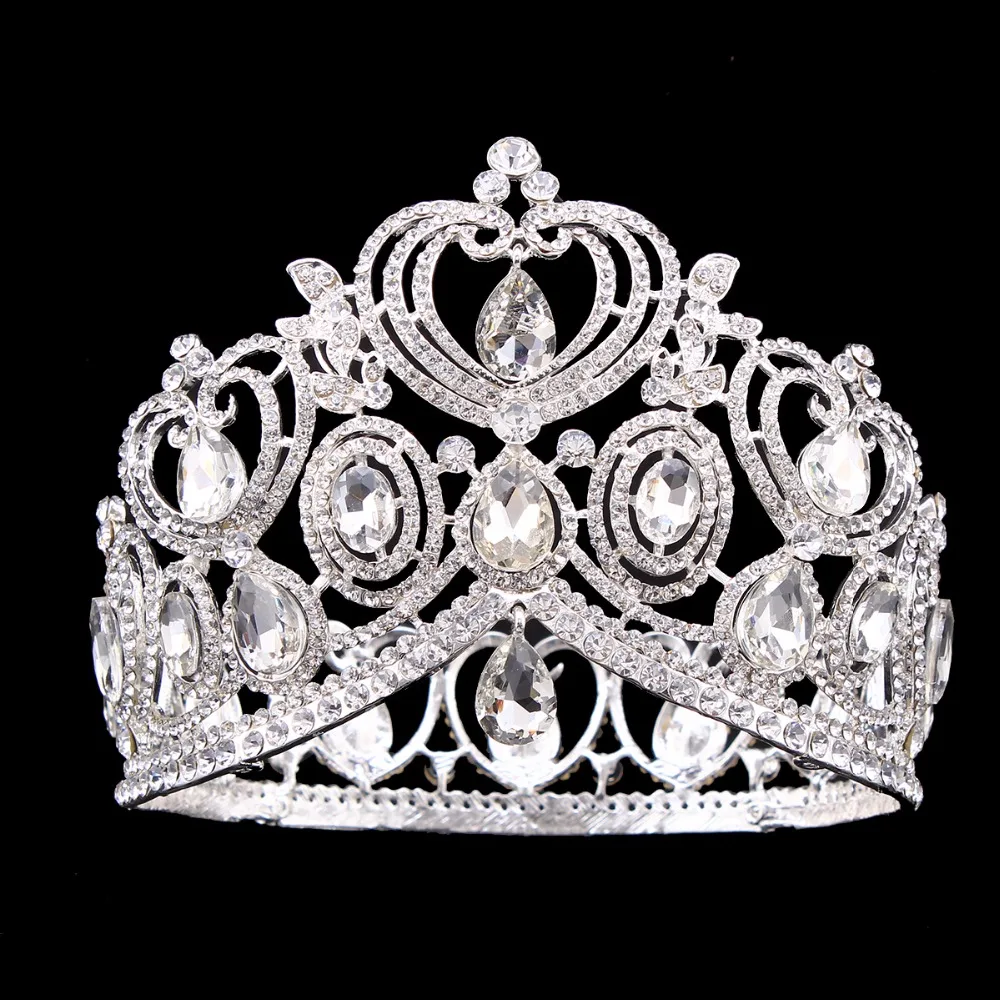

IFUMUD 4 Inch Heart Shaped Full Round Crowns Wedding Bridal Bridesmaid Prom Party Water Drop Crystal Rhinestone Tiara Crown