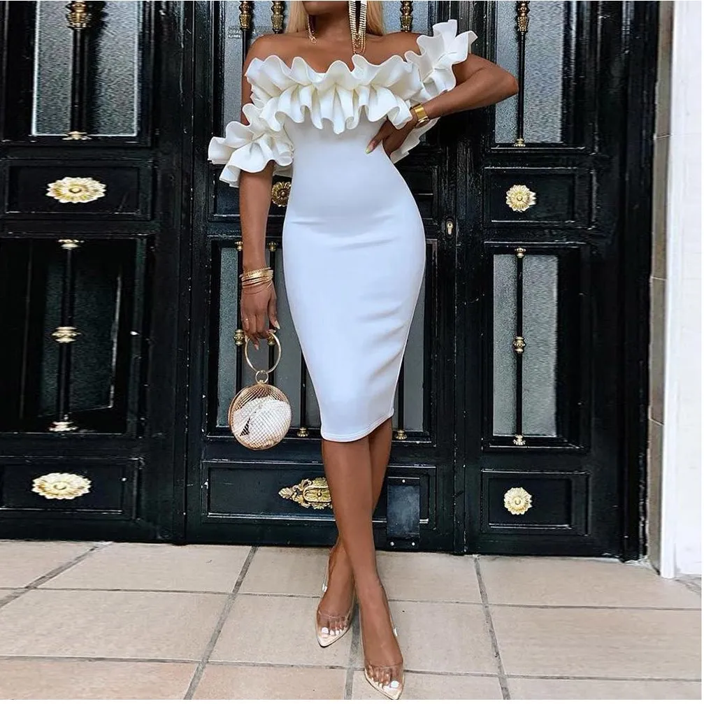 

2019 Summer Ruffle Sexy Party Wrap Bodycon Dress Women Ladies Casual White Midi Dress