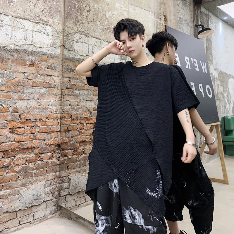 

Men Mesh Spliced Irregular Short Sleeve T Shirt Male Streetwear Hop Hop Punk Gothic Loose Casual Tees Shirts Stage Clothing