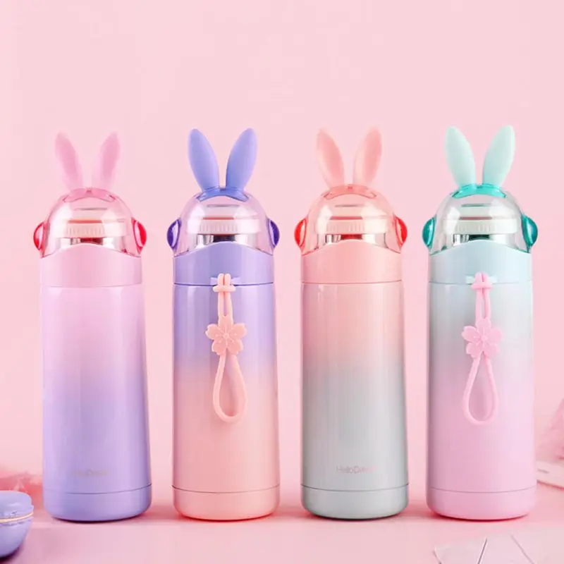 

350ML Vacuum Cup with Holder Cute Rabbit Ear Portable Outdoor Water Bottle for Kids Cartoon Vacuum Flasks Student Supplies H