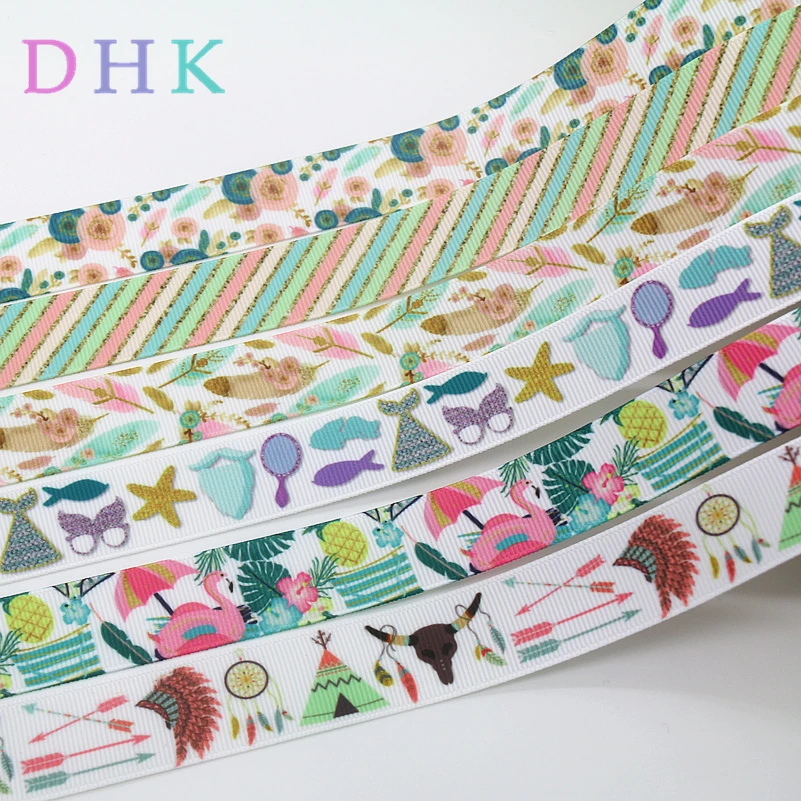 

DHK 50yards tribal party flamingo printed grosgrain Ribbon Accessory hairbow headwear decoration Wholesale OEM S1028