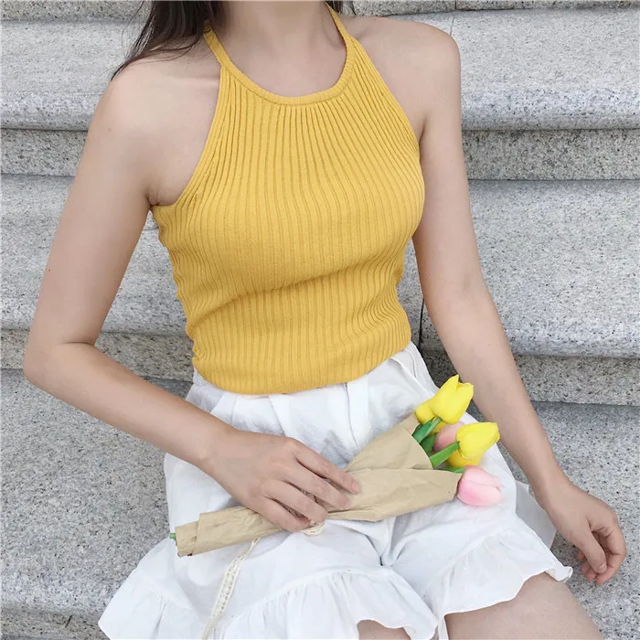 

Summer Women's Sexy Knitting O-Neck Stretchy Camis Tank Tops Girls Knitted Camisole Sleeveless T-shirts Top Female