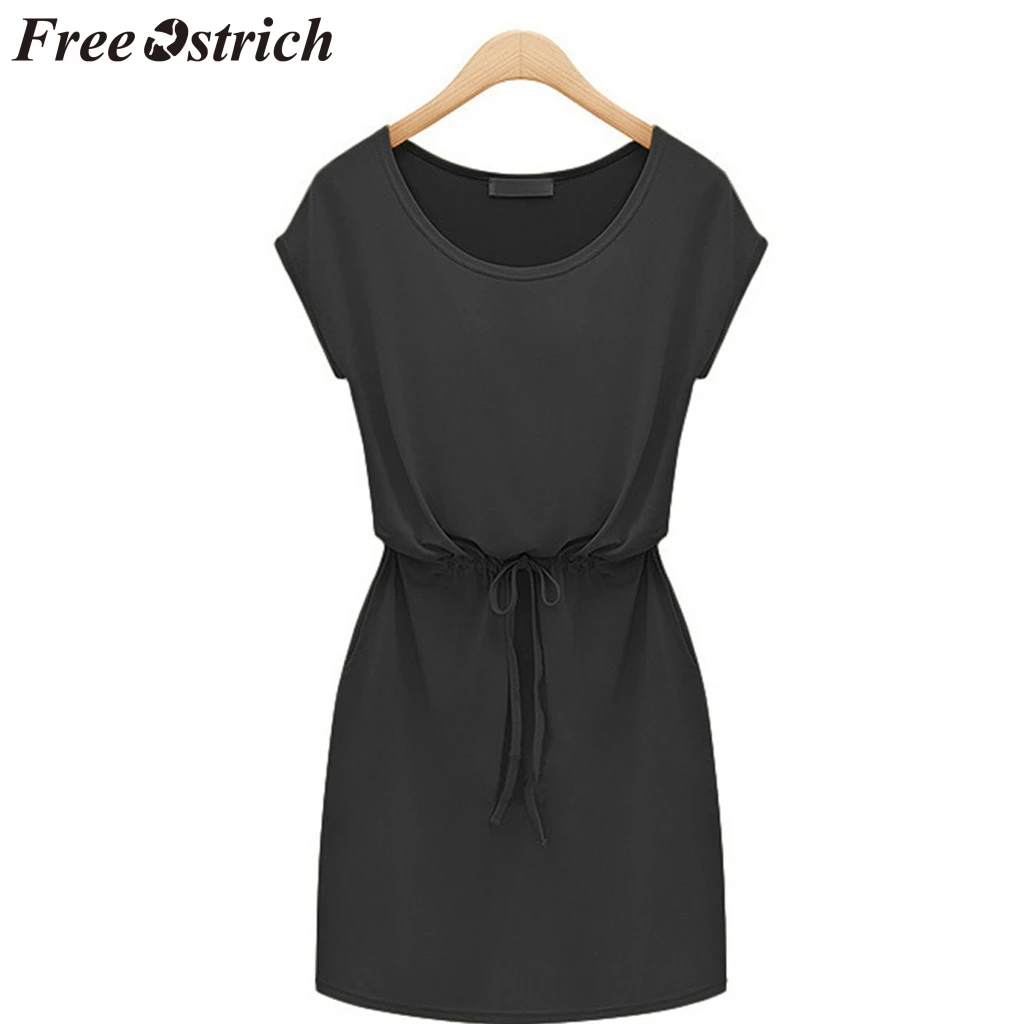 

FREE OSTRICH Women Dress Waist Batwing Sleeve Large Size Round Neck Solid Color Dignified Beautiful Women Short Dress Summer