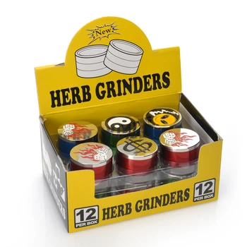 

12pcs Display Box Mini 42mm Herb Grinder 3 Parts Randomly Color and Pattern Sharp Teeth Hand Muller Spice Herbal Smoking Grinder