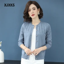 XJXKS кардиган женский однотонный вязаный однобортный свитер с круглым вырезом хорошее качество кардиганы Весна Modis женский свитер