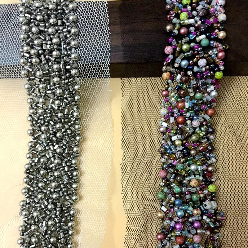 2Yd White Lace Trim Beaded Pearl Applique Dress Belt Sewing Crafts Decor DIY