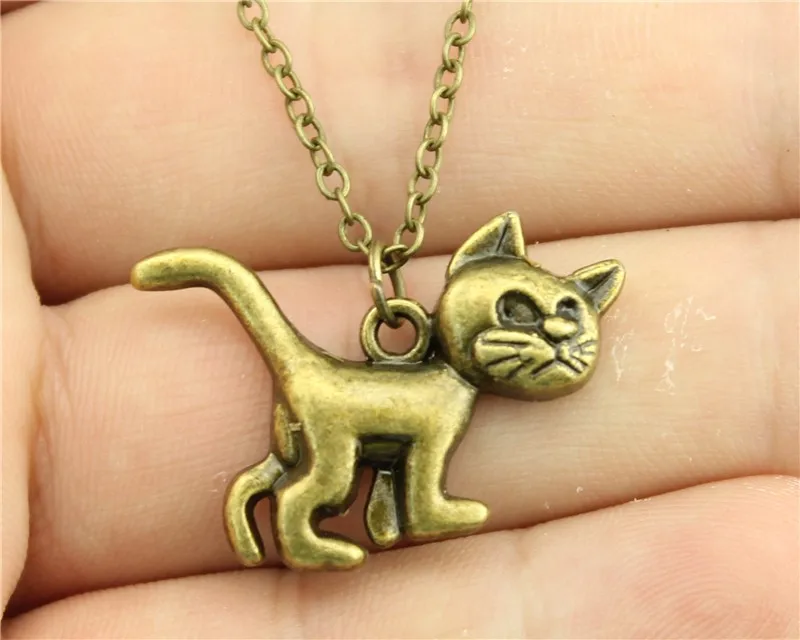 WYSIWYG  simple vintage antique silver, antique bronze color cute cat pendant necklace