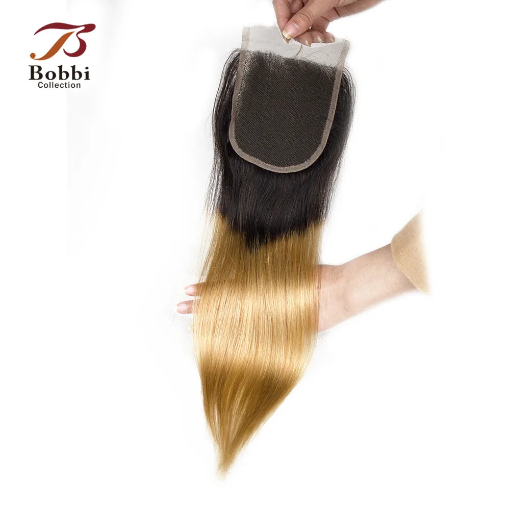 Bobbi Коллекция T 1B 27 Кружева Закрытие Омбре мед блонд закрытие бразильские Прямые Remy человеческие волосы часть средняя часть