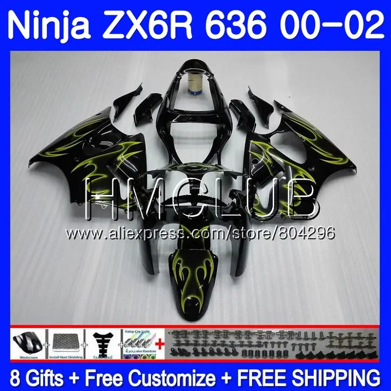 

Bodys For KAWASAKI NINJA ZX 600 CC 6 R ZX636 ZX6R 00 01 02 19HM19 ZX 636 ZX-6R ZX-636 ZX 6R 2000 2001 2002 Yellow flames Fairing