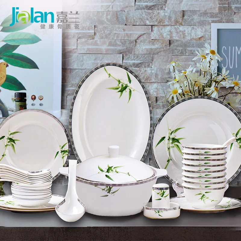 56 pieces of bamboo brocade garland bone china tableware bowl dish 10