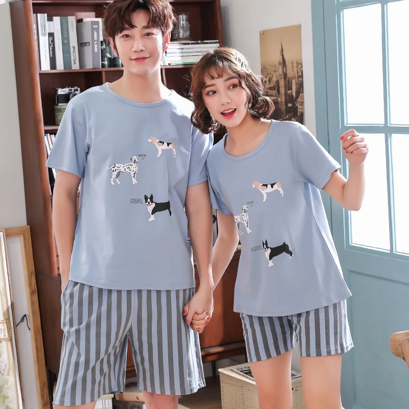 

cute animal dog pajama sets for lovers summer cotton sleepwear short sleeve tops + short pants 2pcs/set pyjamas for couples 4XL