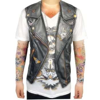 

Halloween Party Funny Leather Vest Printed Biker T Shirts for Men Cool Rider Long Sleeve Tattoo Tee Halloween Costumes