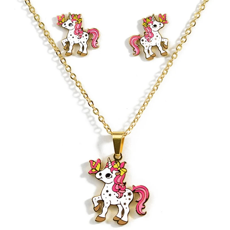 4 Style Animal Jewelry Set Chain Kids Jewelry Cartoon Horse Unicorn Necklace Earring Unicorn Jewellery Sets For Girls