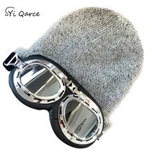 SYi Qarce однотонная зимняя вязаная шапка Авиатор с очками Skullies Beanies, шапка для женщин и мужчин, шапка для катания на лыжах, NM563-66