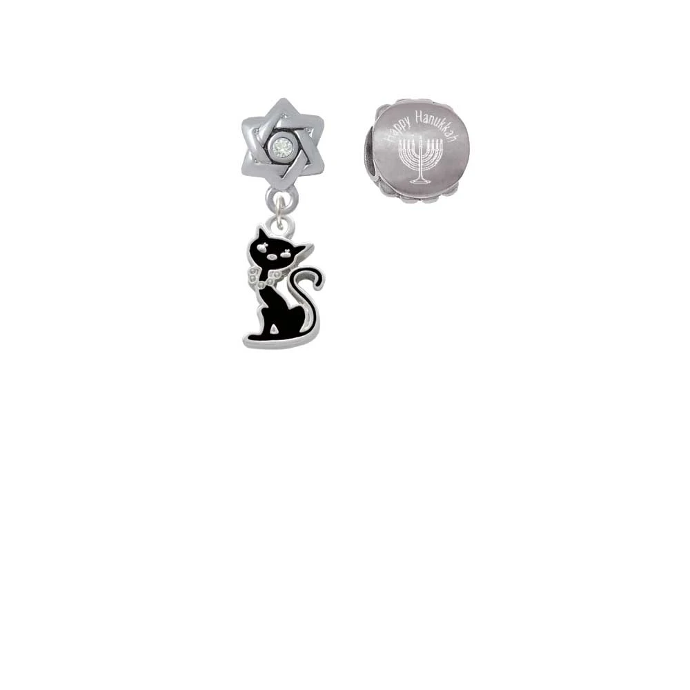 Black Sitting Cat Happy Hanukkah Charm Beads (Set of 2)