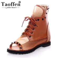 Taoffen размер 33-43 и выше, Для женщин туфли на плоском ходу с открытым носком обувь на шнуровке с перекрестными ремешками Летние женские туфли с заклепками; обувь на плоской подошве; женские кожаные туфли вечерние повседневная обувь