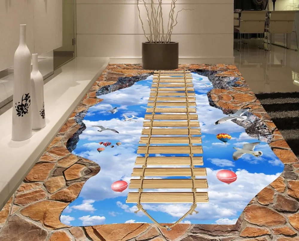3D floor stickers custom wooden bridge sky bathroom 3d floor waterproof