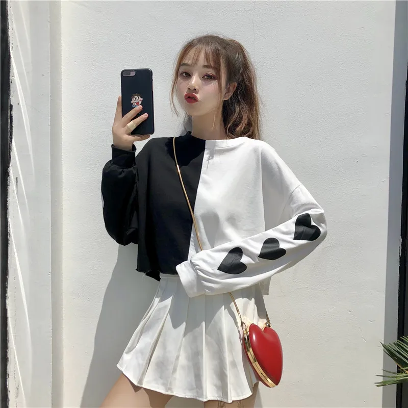 

Harajuku Sweatshirt Women Stitching Color Love Print Girl Pullovers Sweatshirts Kawaii Student Sisters Hoodies